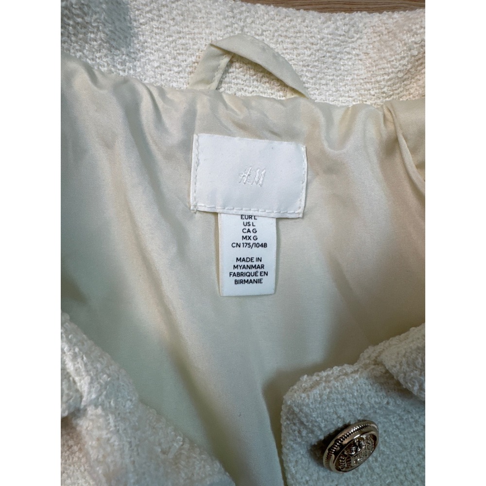 H&M Boucle Jacket Womens Large Cream Excellent Short Sleeve Gold Button Tweed - Picture 5 of 9